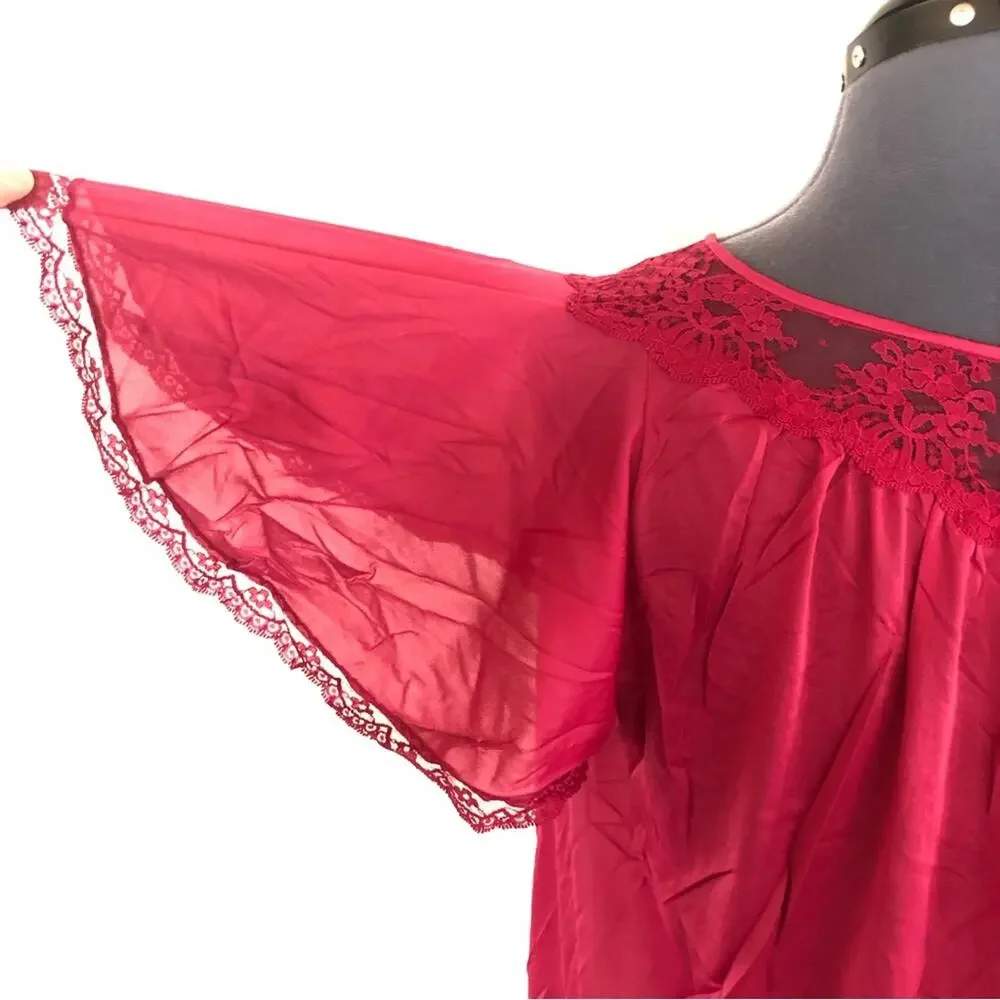 Vintage Pink Nightgown Silky Satin Lace Fuchsia Magenta Short Sleeve 70s 80s - Picture 6 of 7